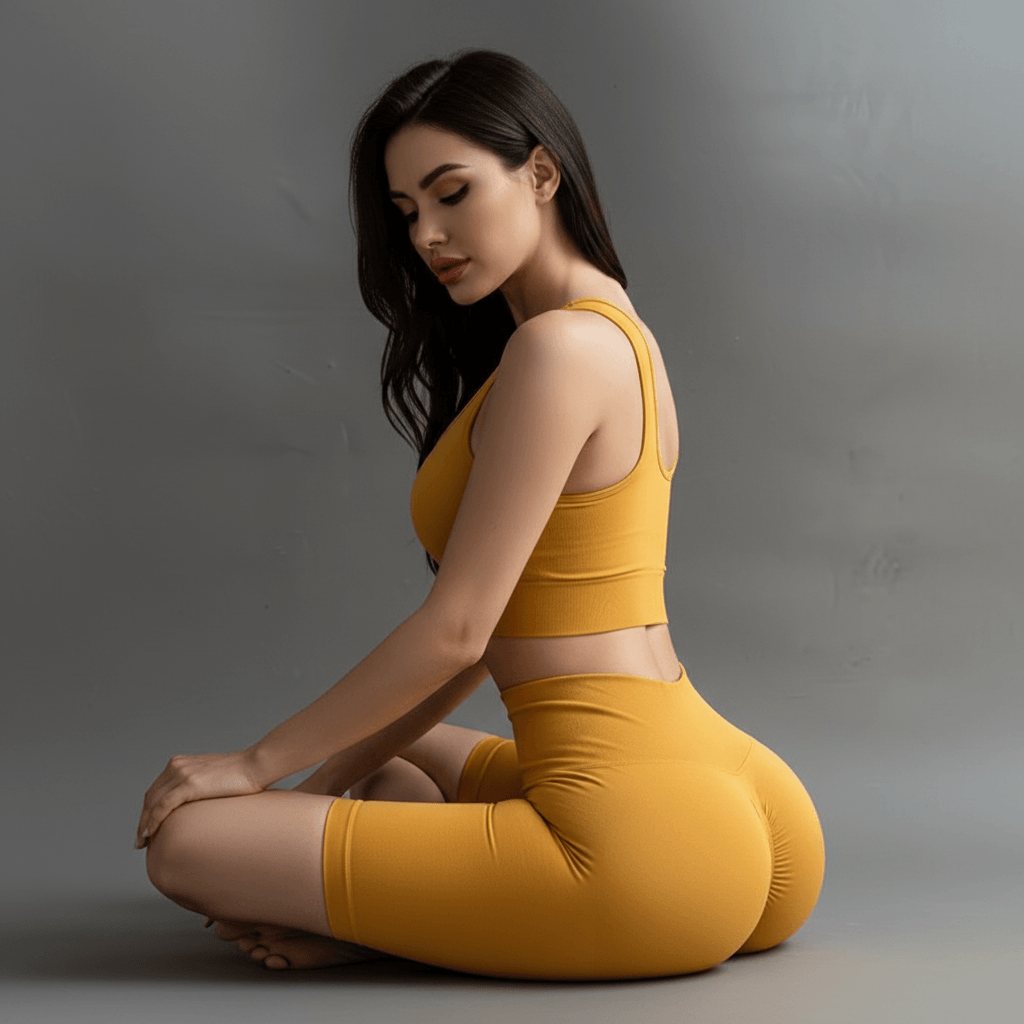 Short de sport pour femme jaune en pose yoga doux avec effet sculptant