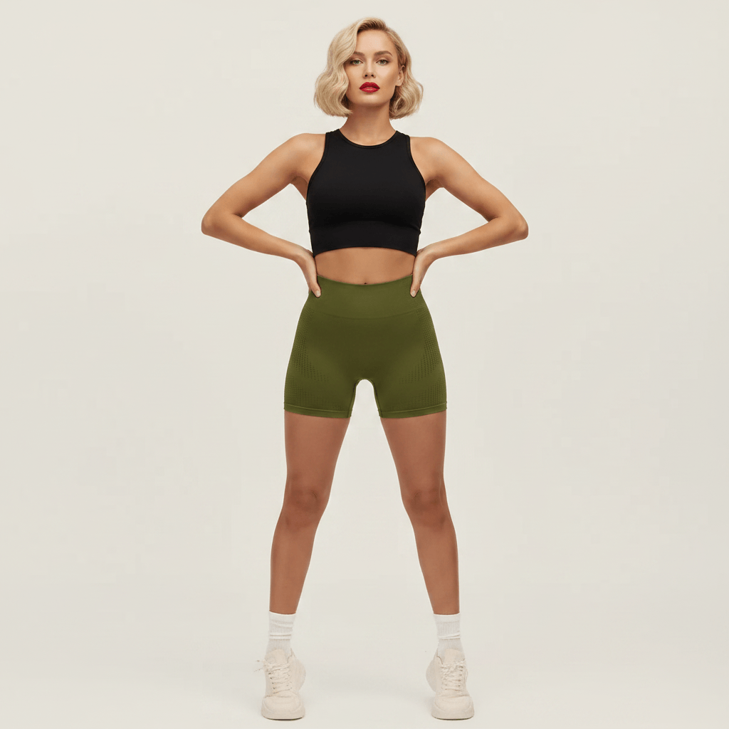 Short de Sport Sans Couture Taille Haute kaki (vert olive) pour femme, vue de face, mains sur les hanches, crop top noir, studio ivoire crème, photo e-commerce premium.