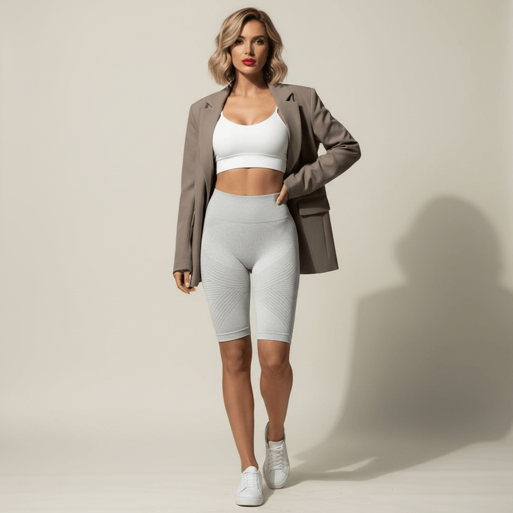 Short femme anti-cellulite gris clair – look athleisure tendance avec blazer beige