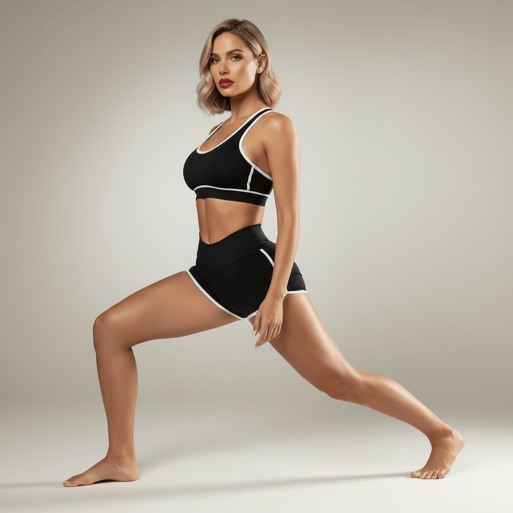  Short femme sport noir liseré blanc taille haute, pose fente vue de face en studio