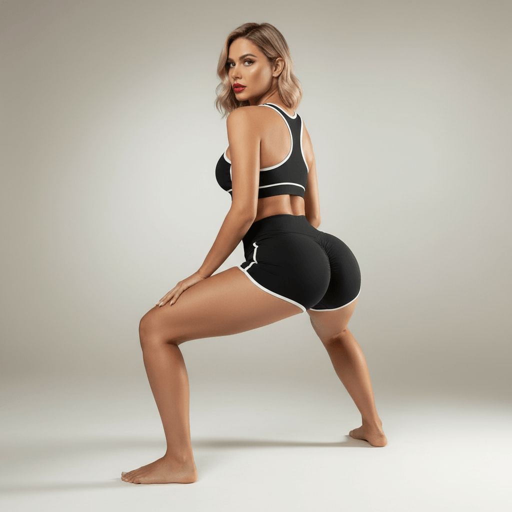 Short femme sport noir liseré blanc scrunch push-up, pose squat vue de dos en studio