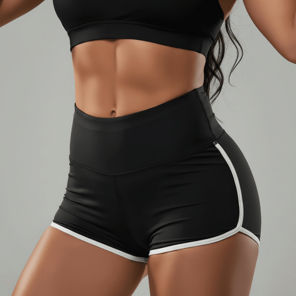 Short femme sport noir liseré blanc, zoom détail taille haute et bordure blanche en studio