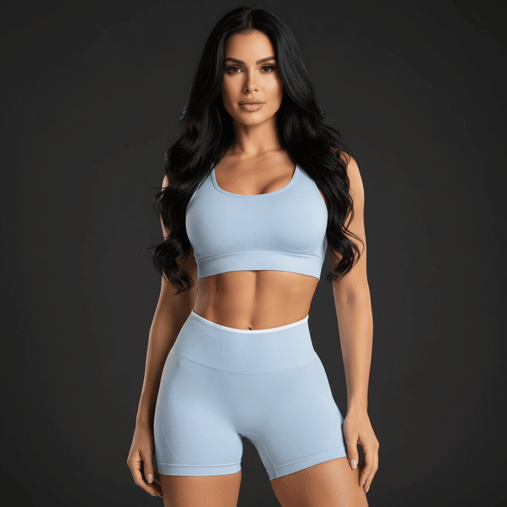 Short femme sport taille haute bleu ciel, ceinture haute, détail waistband