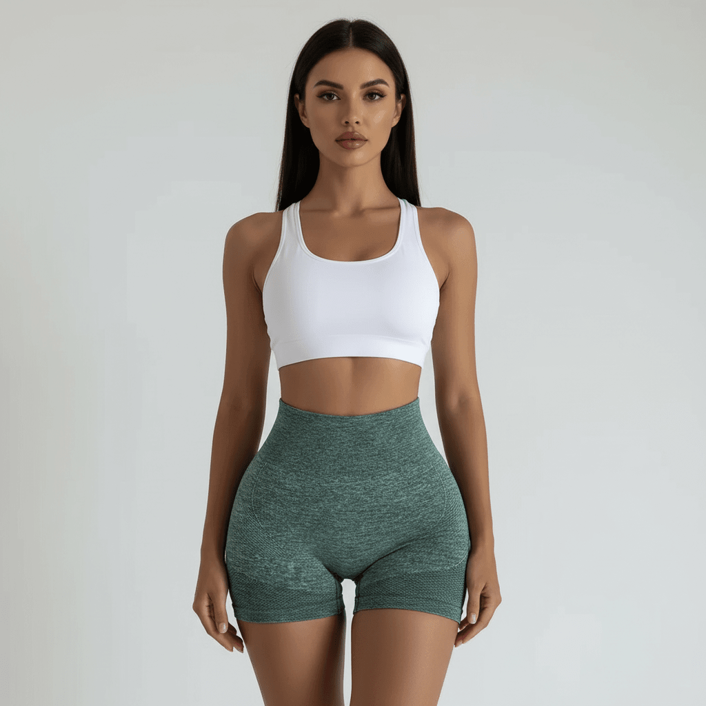Short gainant femme vert foncé vue de face, taille haute, compression