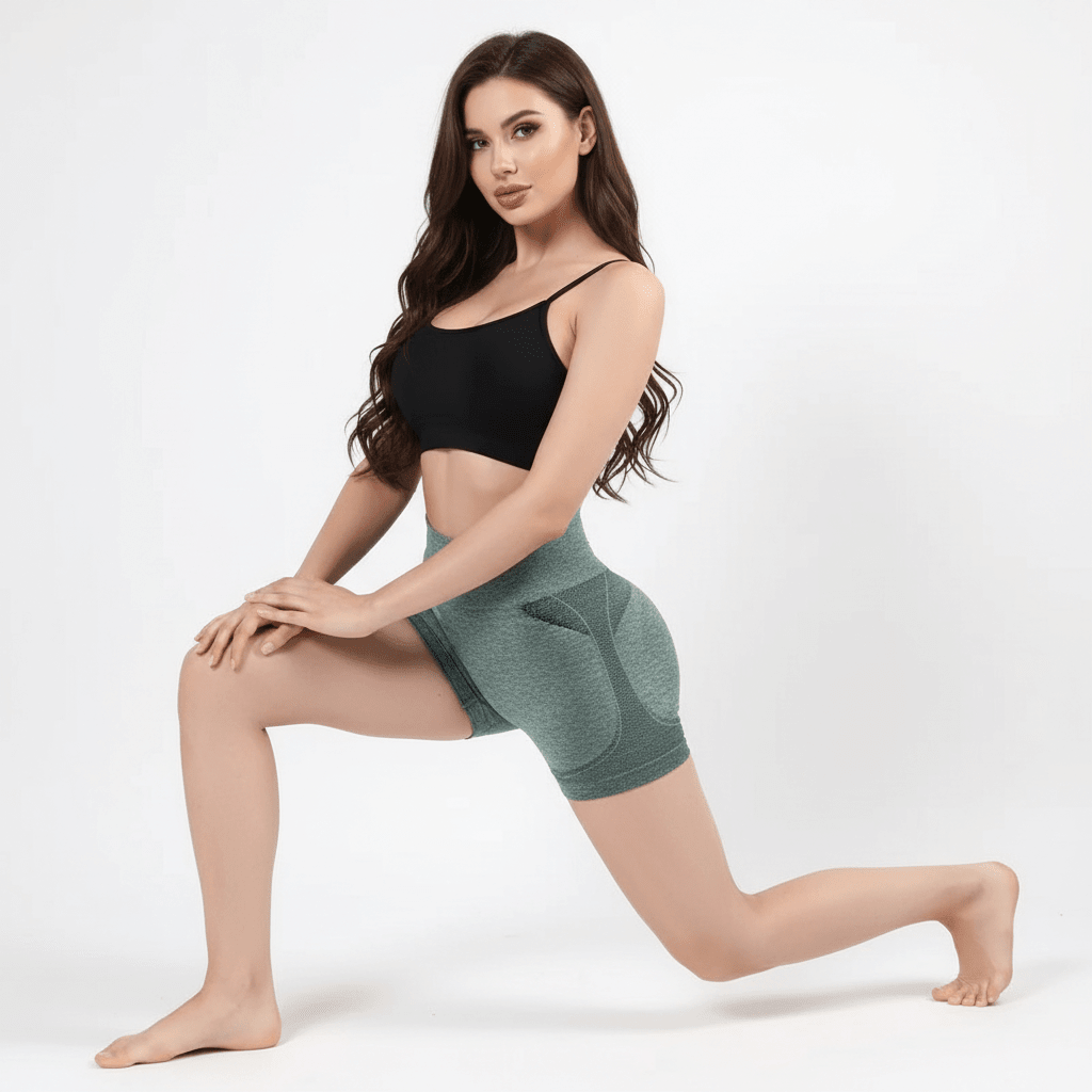 Short gainant vert chiné pose fente, taille haute, seamless, effet sculptant