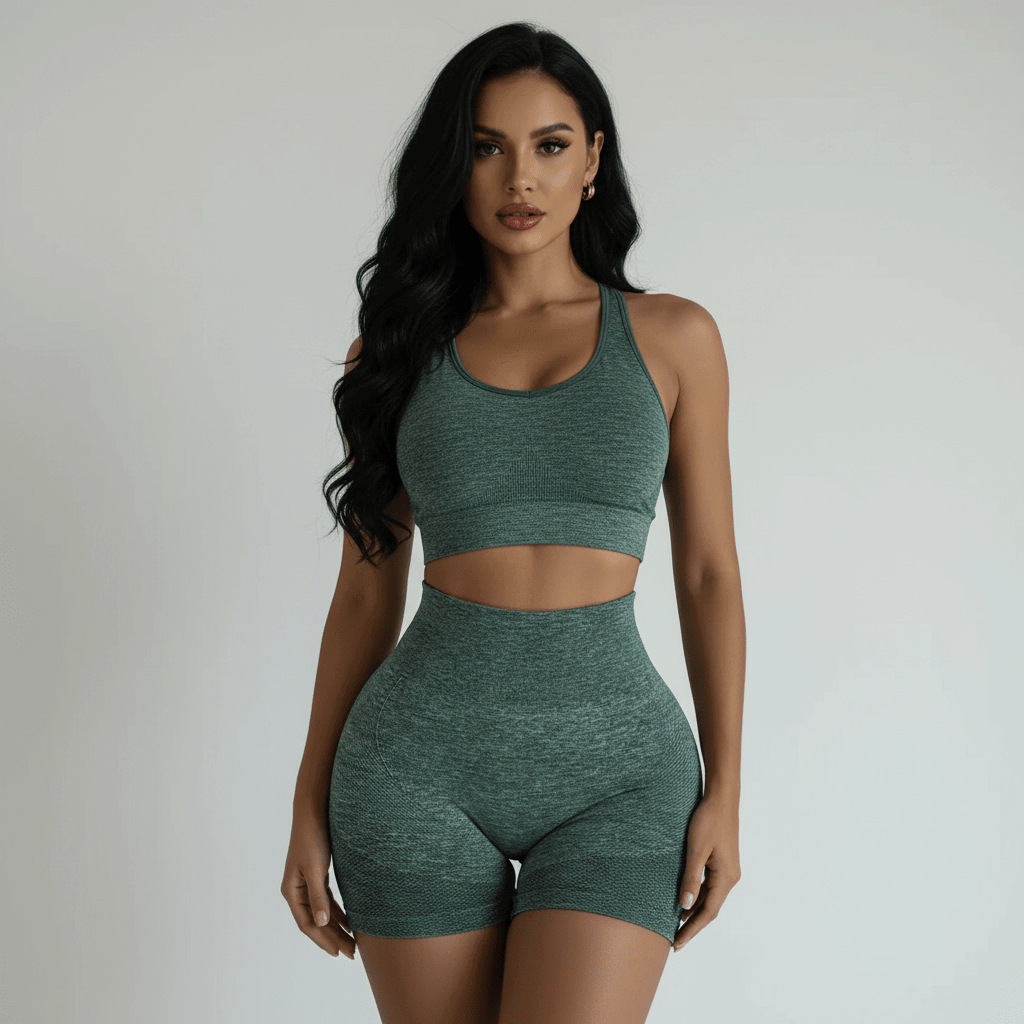 Short gainant vert chiné vue de face, taille haute, seamless, coupe sculptante