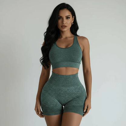 Short gainant vert chiné vue de face, taille haute, seamless, coupe sculptante