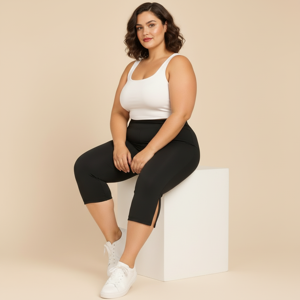 Short long sport femme grande taille noir capri compression taille haute, pose assise élégante sur cube crème,  fond studio crème