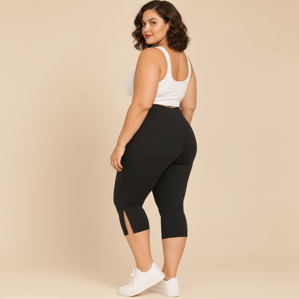 Short long sport femme grande taille noir capri compression taille haute, vue de dos montrant le galbe push-up et sur le côté, pieds nus, fond studio crème