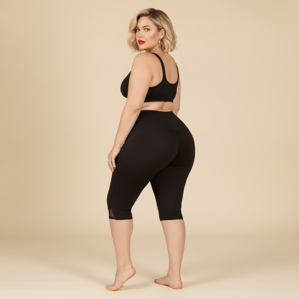 Short long sport femme grande taille noir capri compression taille haute, vue de dos montrant le galbe push-up et le mesh triangulaire sur le côté, pieds nus, fond studio crème