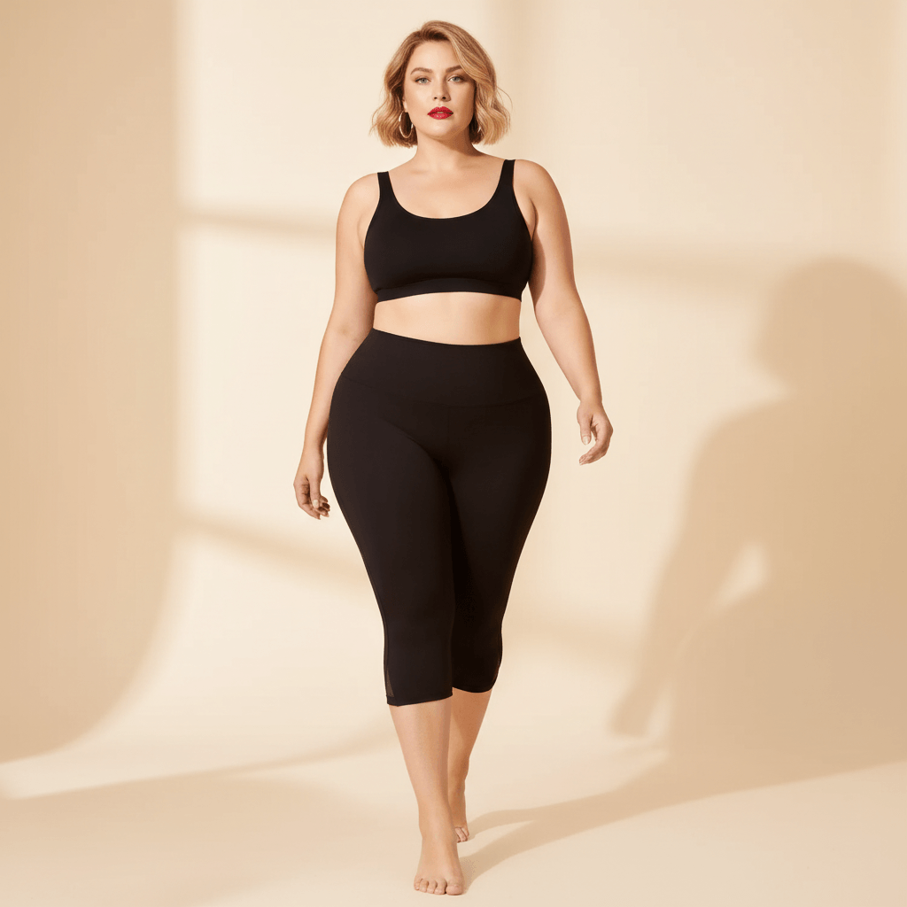 Short long sport femme grande taille noir capri compression taille haute, pose de marche assurée et élégante, silhouette gainante et sculptante, pieds nus, fond studio crème