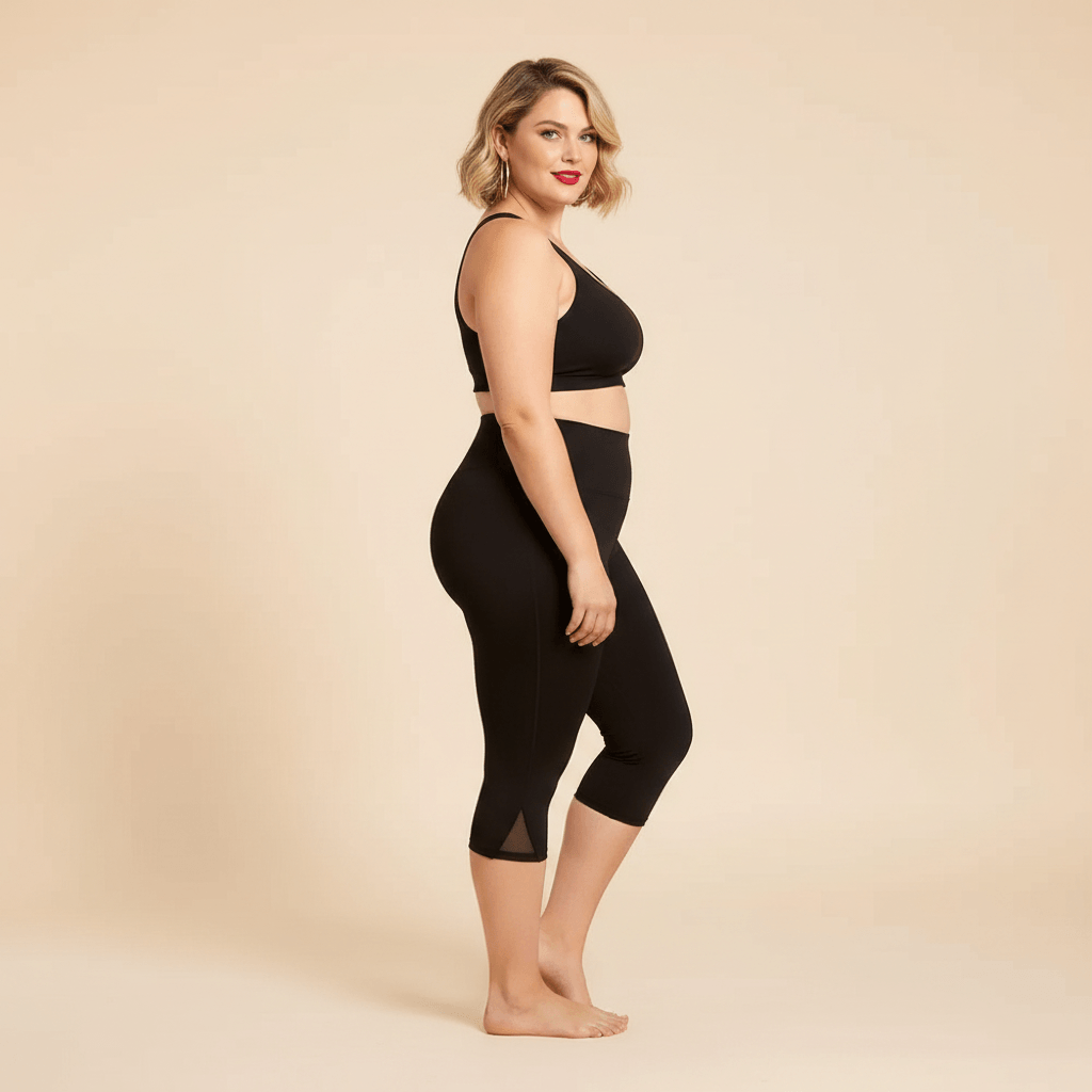 Short long sport femme grande taille noir capri compression taille haute gainant, vue de profil montrant la longueur genou et le mesh côté, pieds nus, fond studio crème