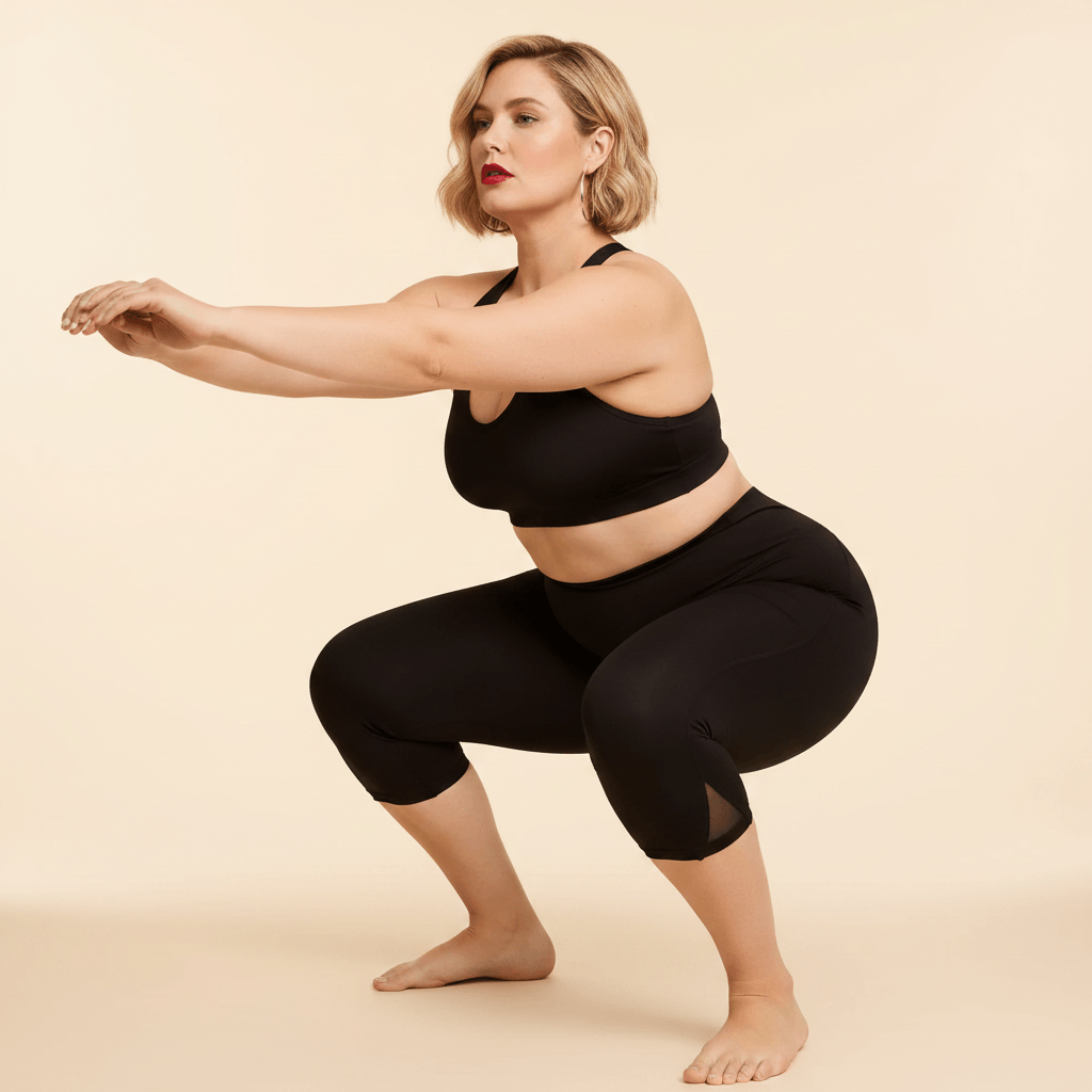 Short long sport femme grande taille noir capri compression taille haute en pose squat, opacité squat-proof et maintien gainant, mesh côté visible, pieds nus, fond studio crème
