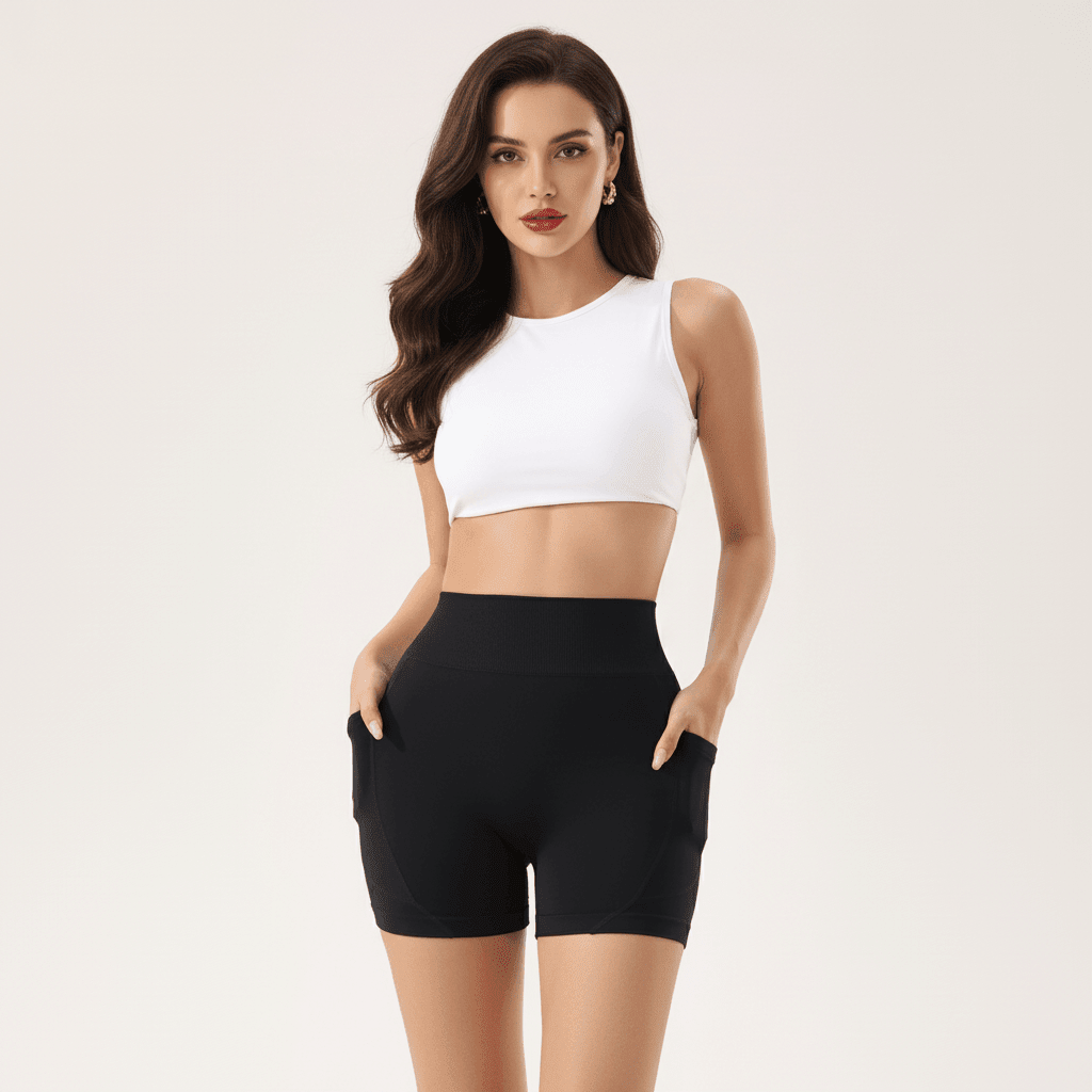 Short noir femme sport taille haute avec poches latérales et mains dans les poches