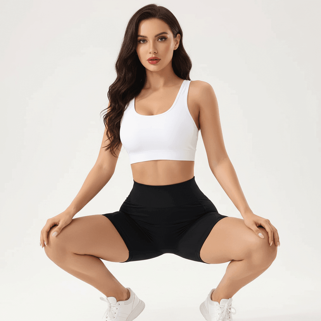 Short noir femme sport taille haute avec poches latérales en squat vue de face