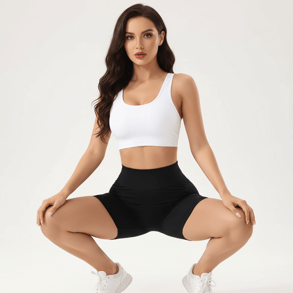 Short noir femme sport taille haute avec poches latérales en squat vue de face