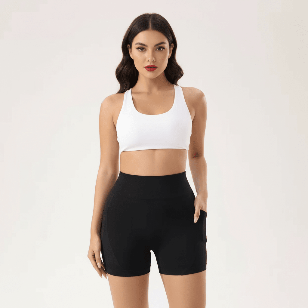 Short noir femme sport vue de face élégante avec taille haute et poches latérales sur un fond clair 