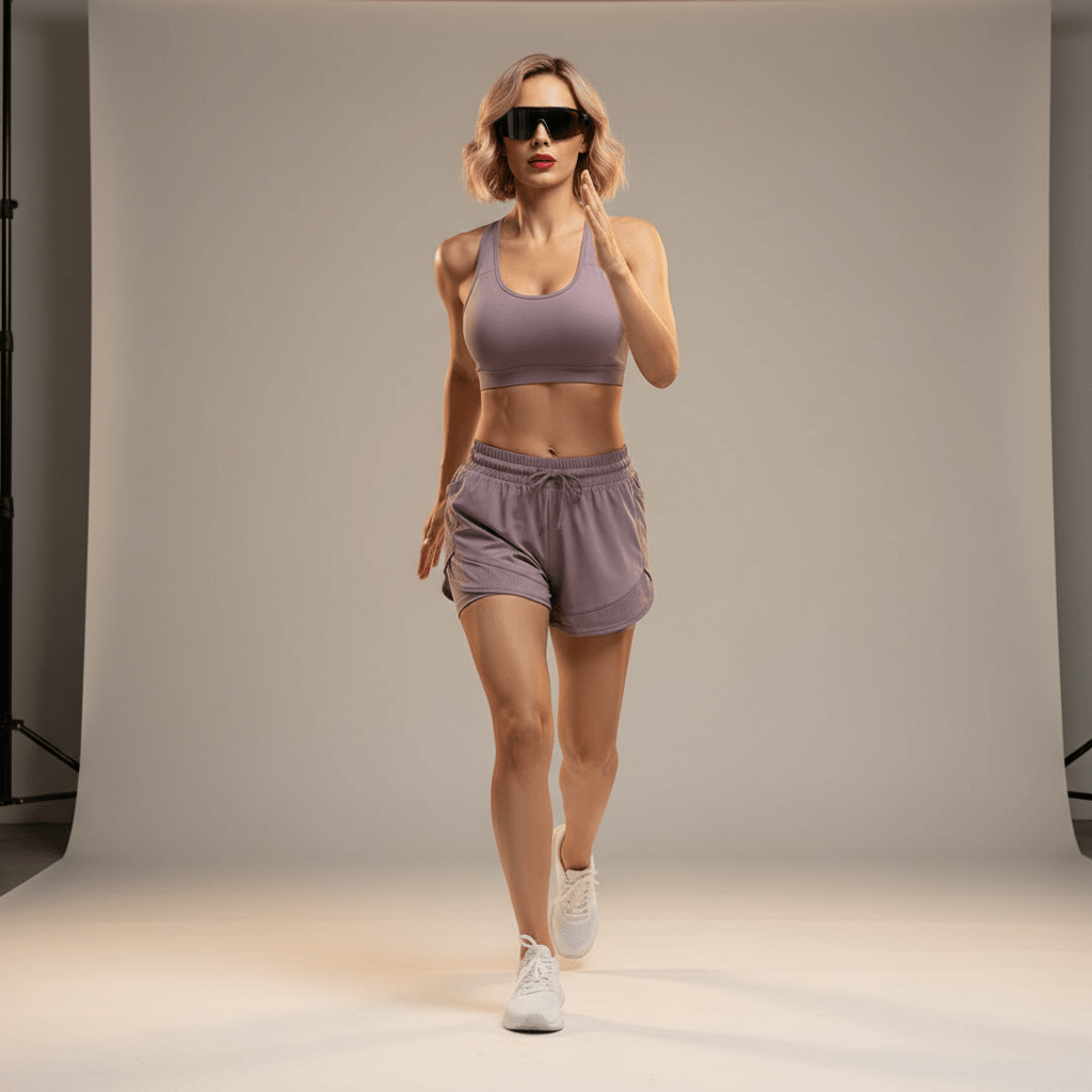 Short running femme mauve – pose running dynamique avec lunettes de sport, brassière assortie, tenue running femme