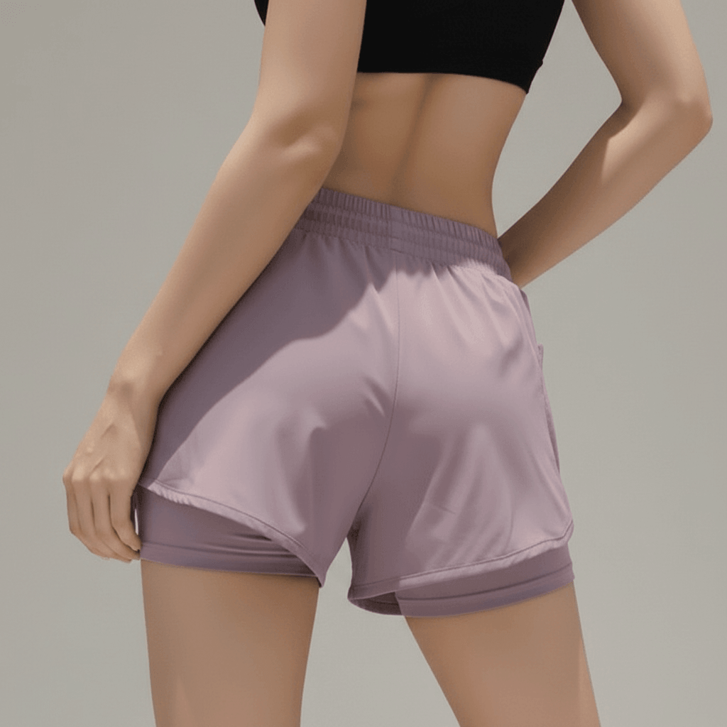 Short running femme mauve – zoom dos détail double couche, ceinture élastique, short sport femme
