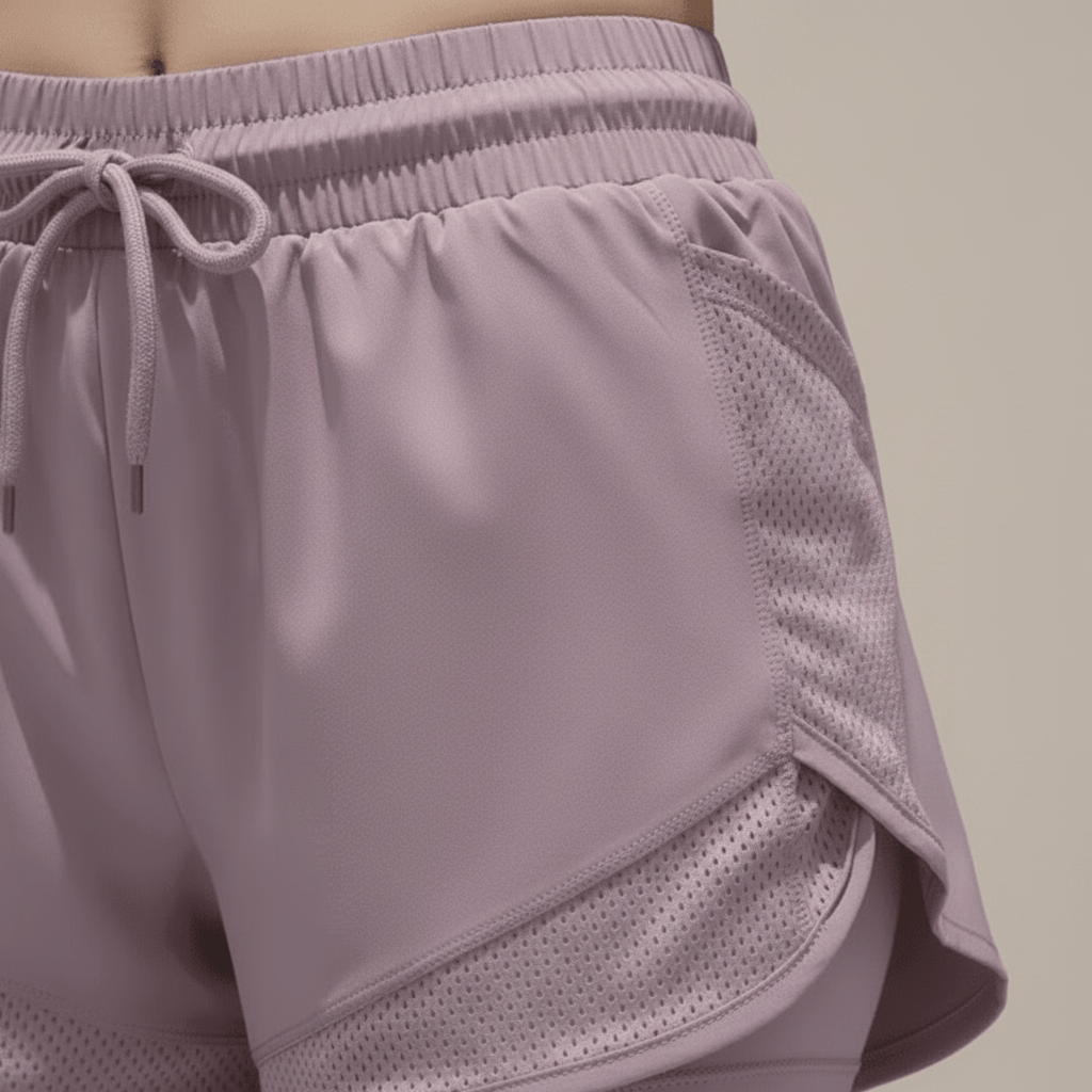 Short running femme noir – pose running dynamique avec lunettes de sport, brassière noire, double couche
