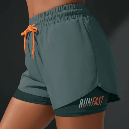 Short Running Femme vert gris, zoom détail côté 2-en-1