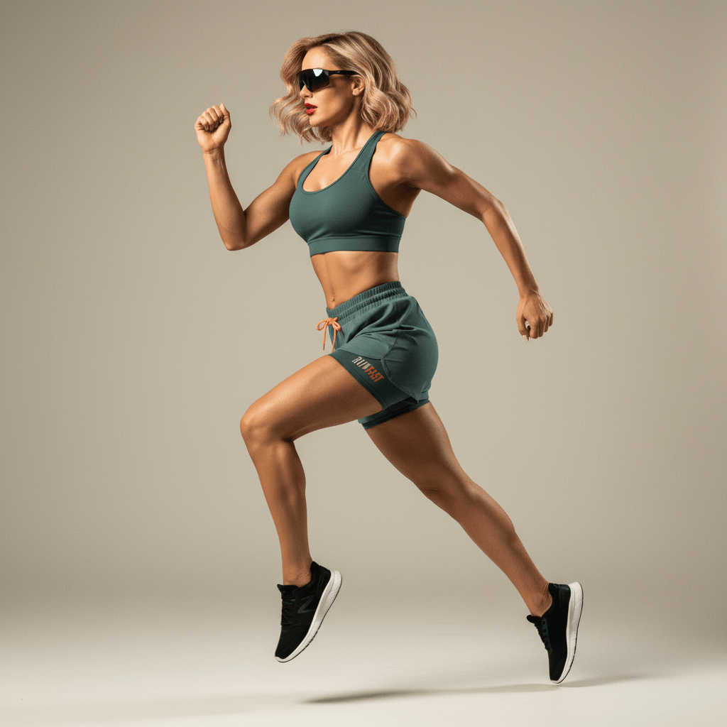 Short running loose femme vert teal – pose course saut dynamique avec lunettes de running