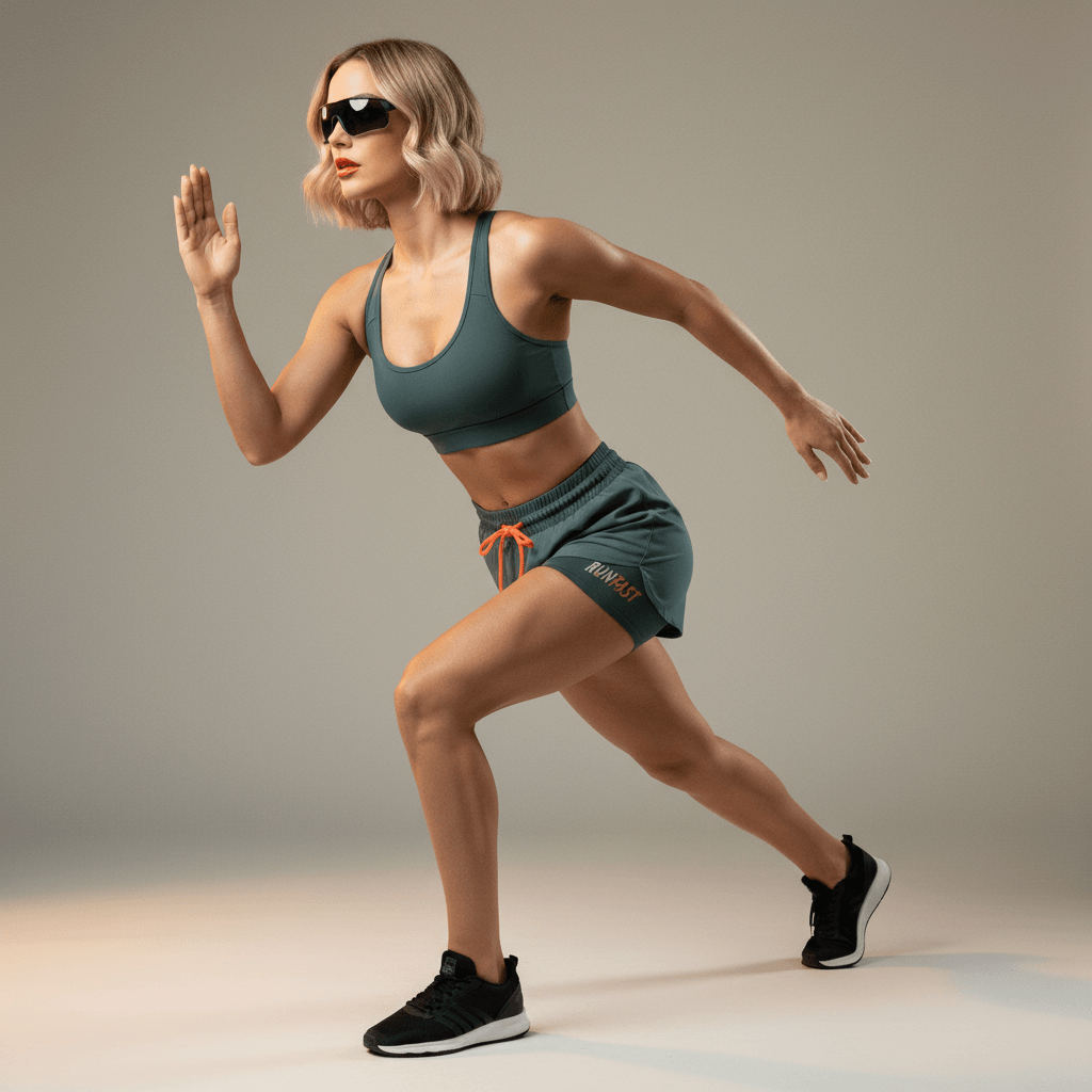 Short running loose femme vert teal – pose sprint fente dynamique avec lunettes de running