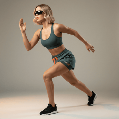 Short running loose femme vert teal – pose sprint fente dynamique avec lunettes de running