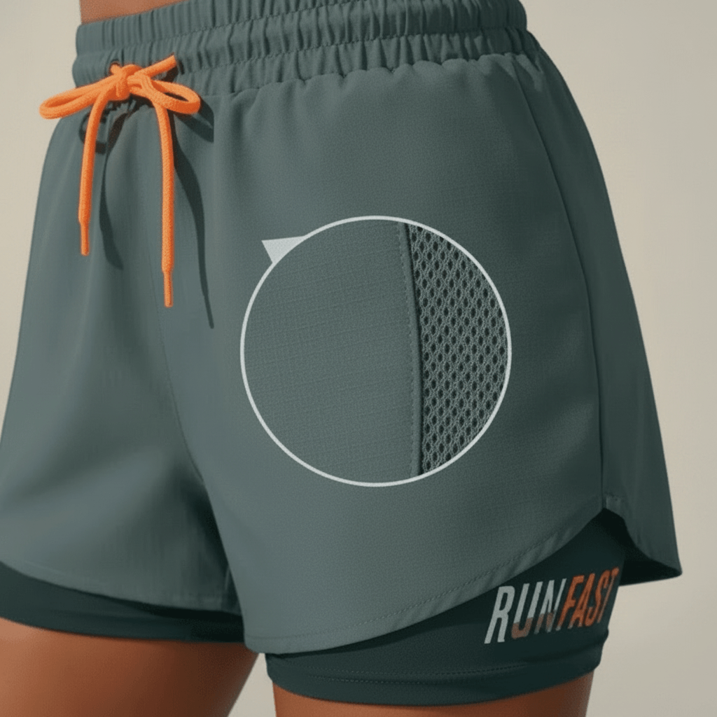 Short running loose femme vert teal – zoom détail poche mesh, cordon orange, double couche compression
