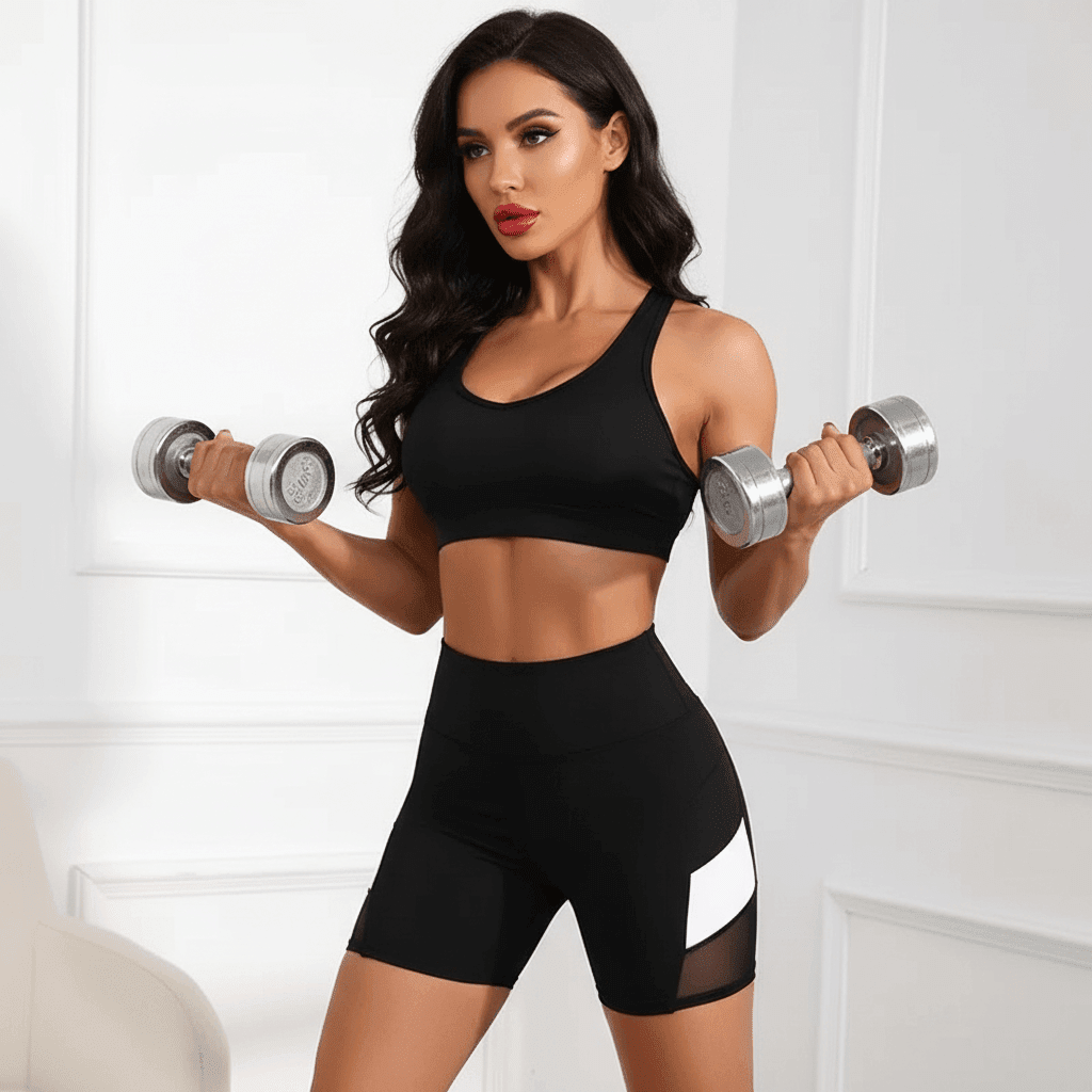 Femme athlétique en débardeur noir et short taille haute, musclant les bras avec des haltères argentés.