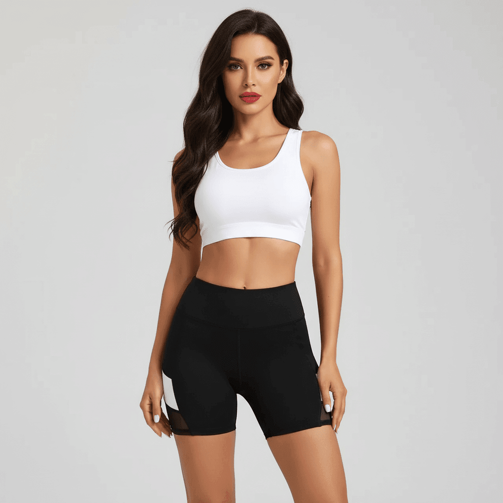 Short sport femme avec poche et taille haute, haut blanc sans manches et shorts noirs ajustés.