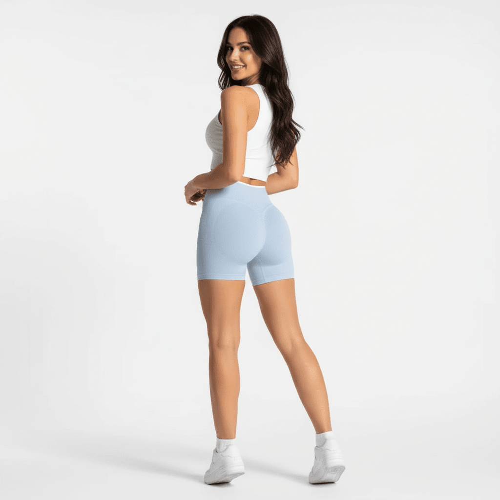 Short sport femme bleu ciel vue de dos, taille haute, effet push-up