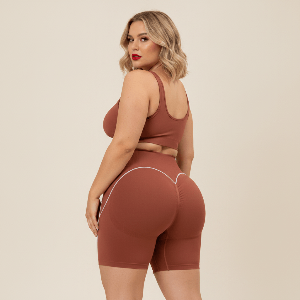 Short sport femme grande taille terracotta vue de dos, effet butt lifting et galbe du fessier, fond studio crème