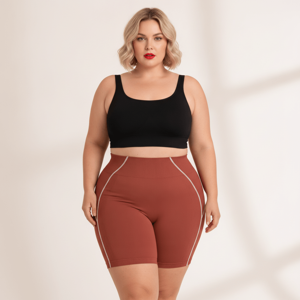 Short sport femme grande taille terracotta taille haute à liserés blancs contrastés, vue de face sur fond studio crème