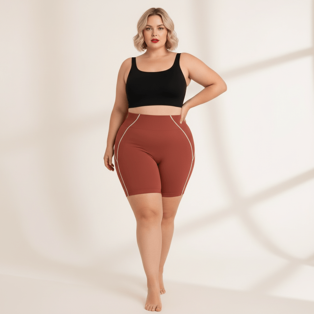 Short sport femme grande taille seamless terracotta, taille haute gainante et liserés blancs contrastés, vue de face trois-quarts main sur la hanche.