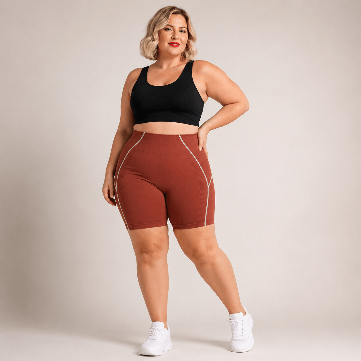 Short sport femme grande taille terracotta seamless taille haute, vue de trois-quarts, liserés blancs sur fond studio crème