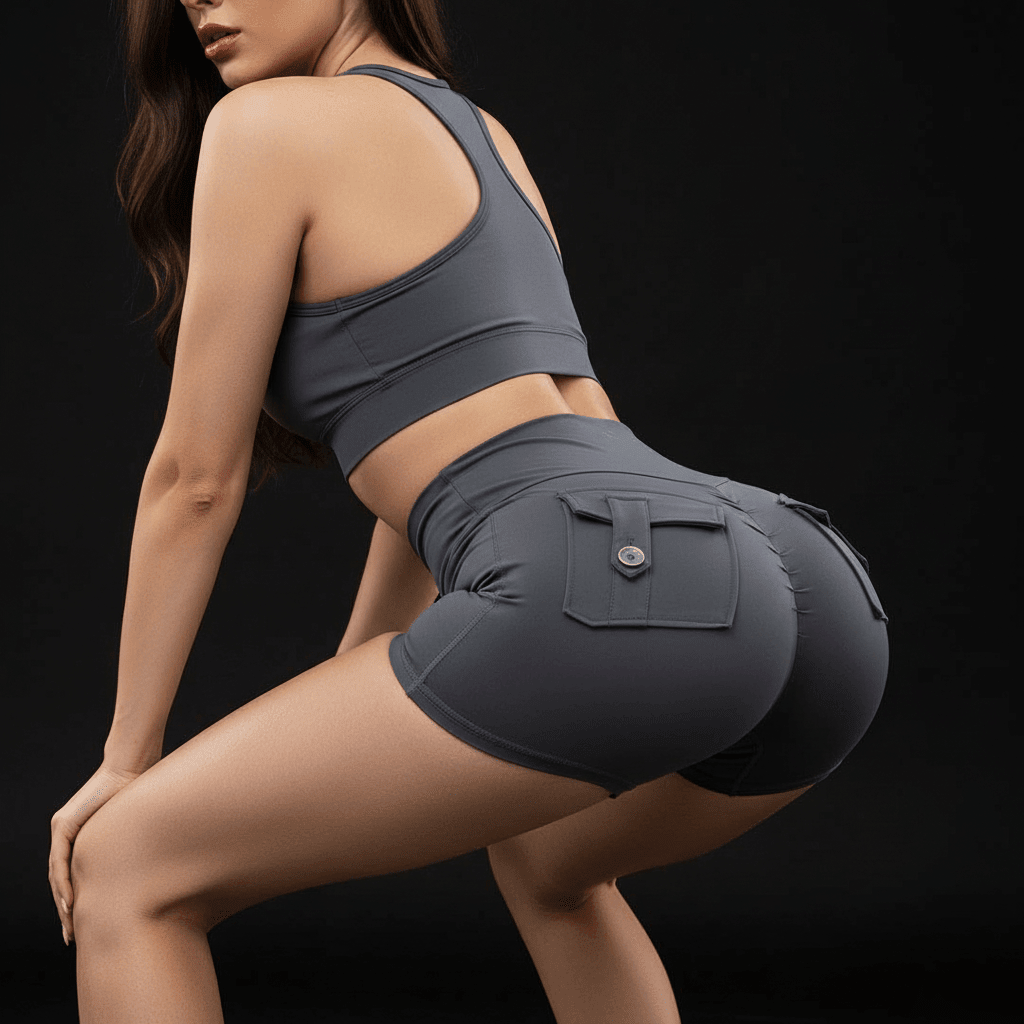 Short Sport Femme gris foncé, pose squat vue de dos