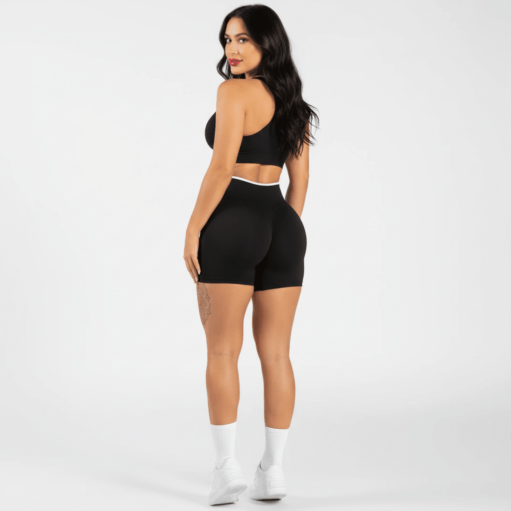 Short sport femme noir vue de dos, taille haute, push-up effet