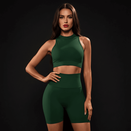 Short de Sport Femme vert foncé, vue face taille haute