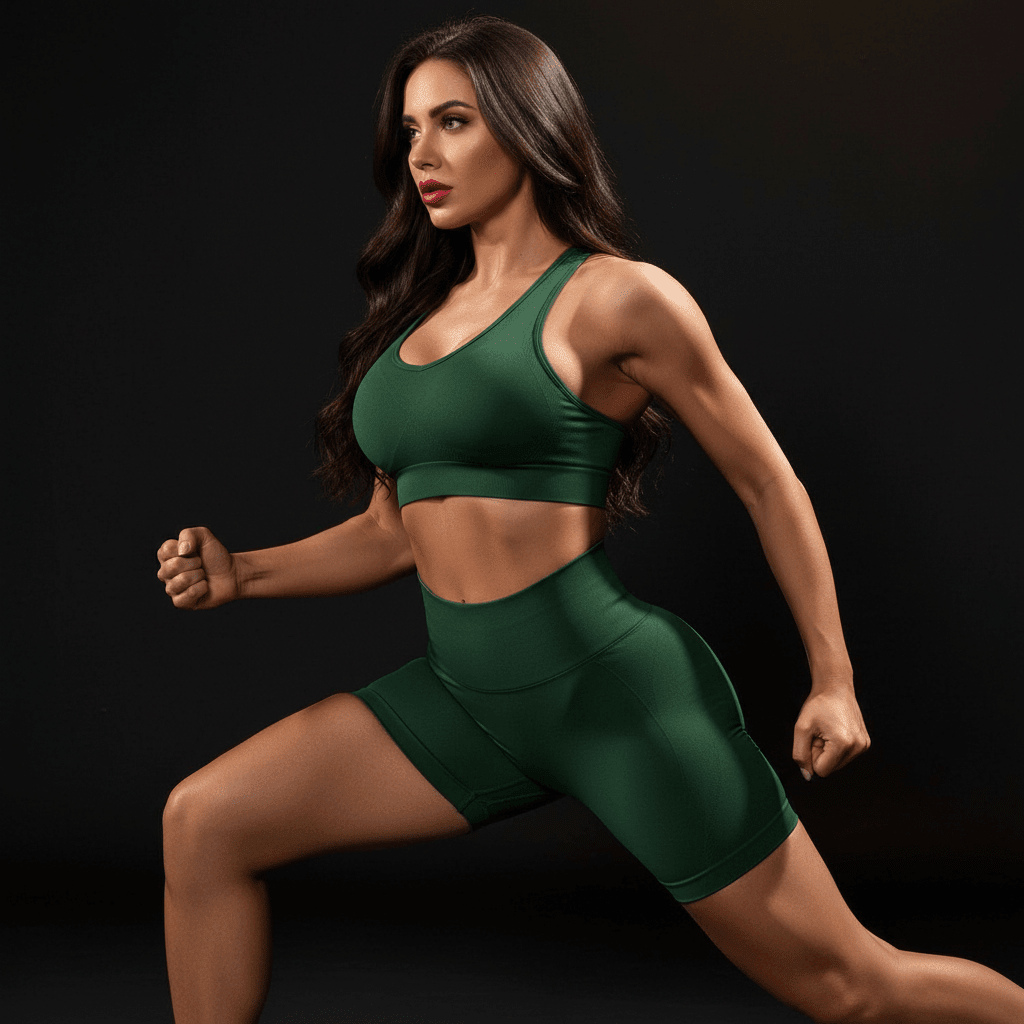 Short de Sport Femme vert foncé, pose fitness dynamique