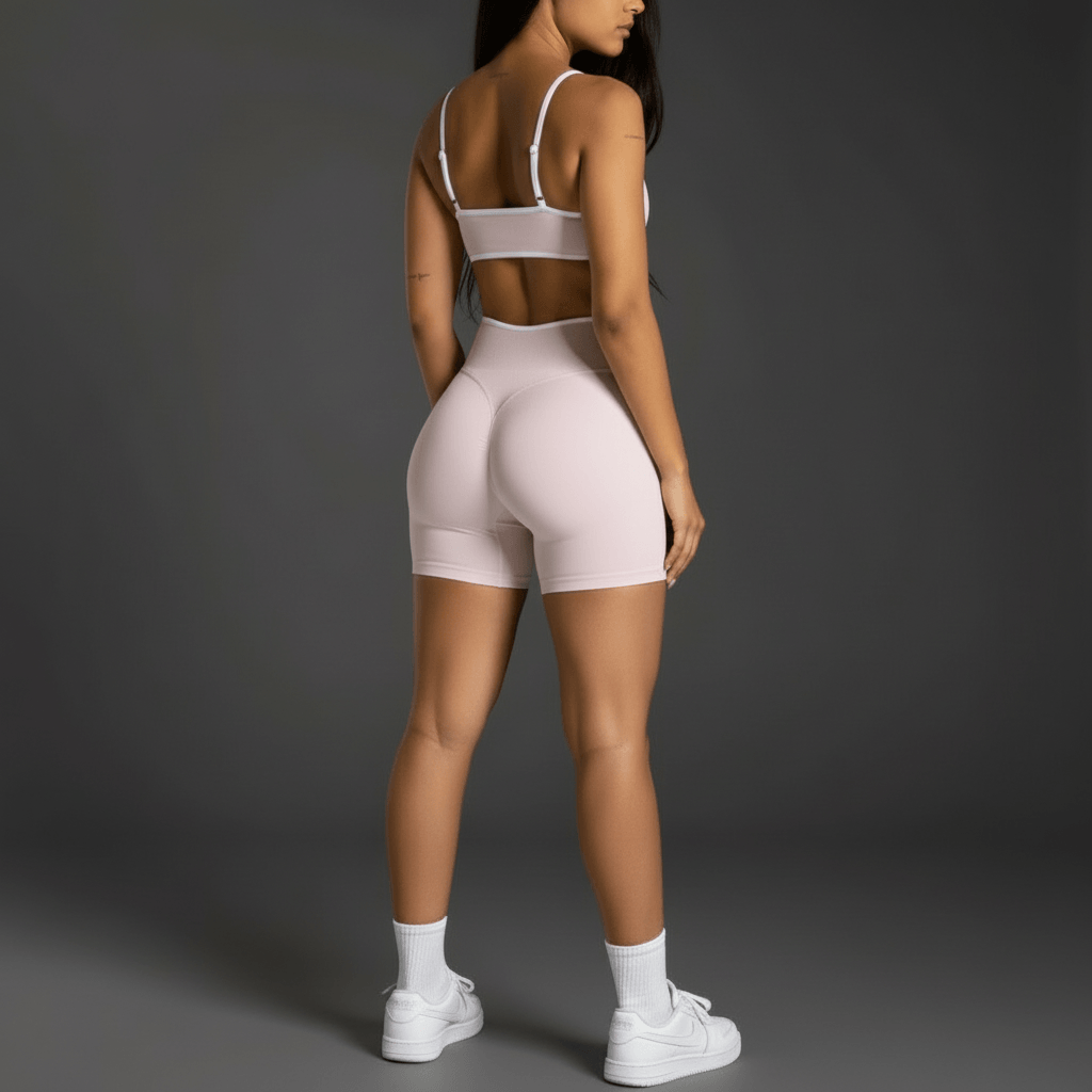 short sport rose poudré brassière vue de dos visage visible