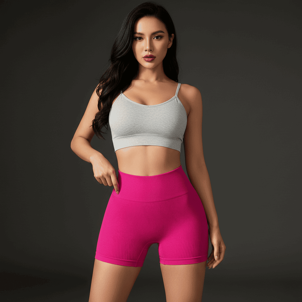Short taille haute femme rose fuchsia pose élégante vue de face premium