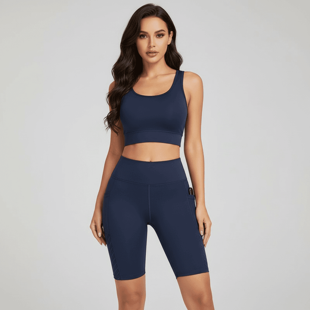 Short training femme bleu marine vue de face, taille haute, poches latérales, coupe gainante