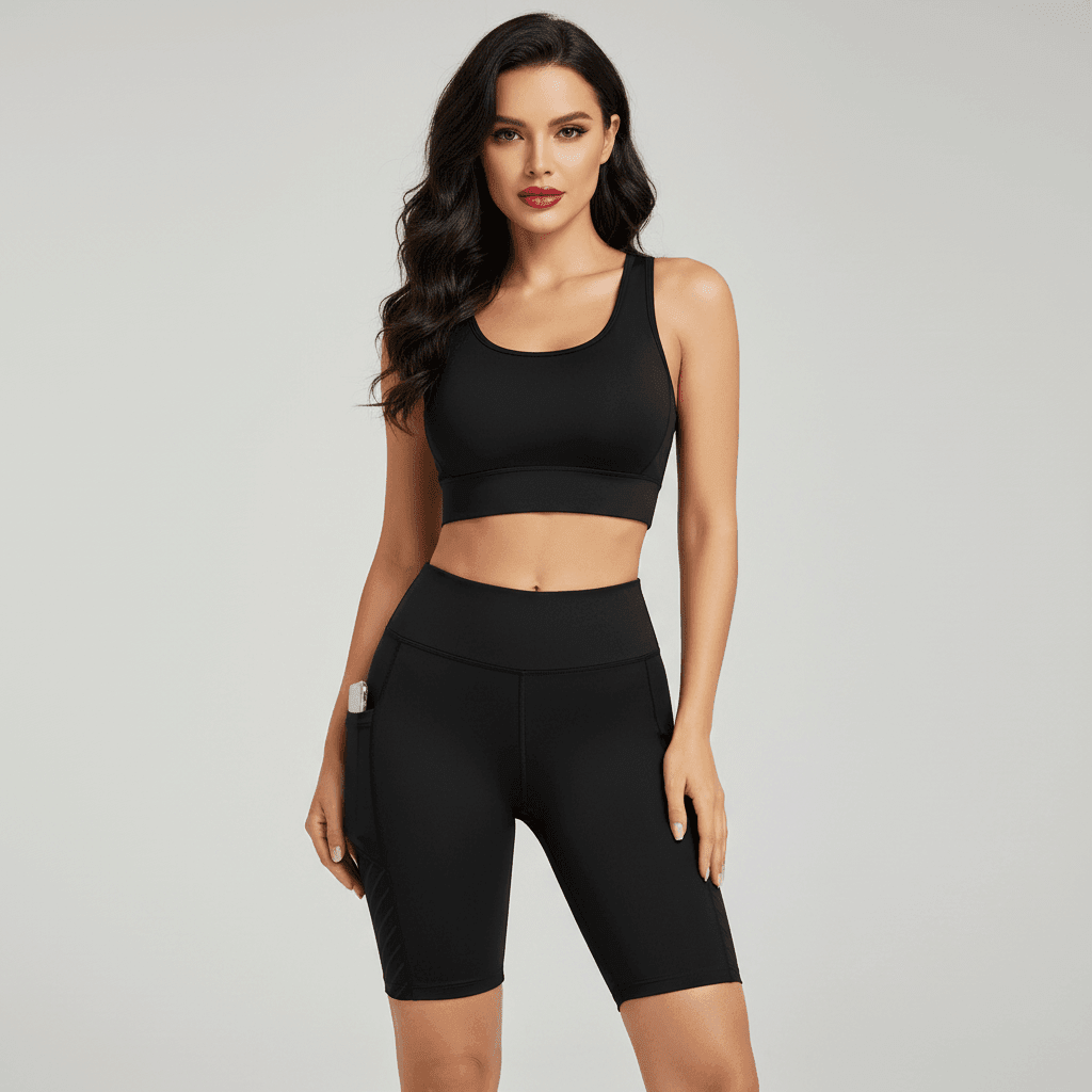 Short training femme noir vue de face, taille haute, poches latérales, panneau texturé diagonal