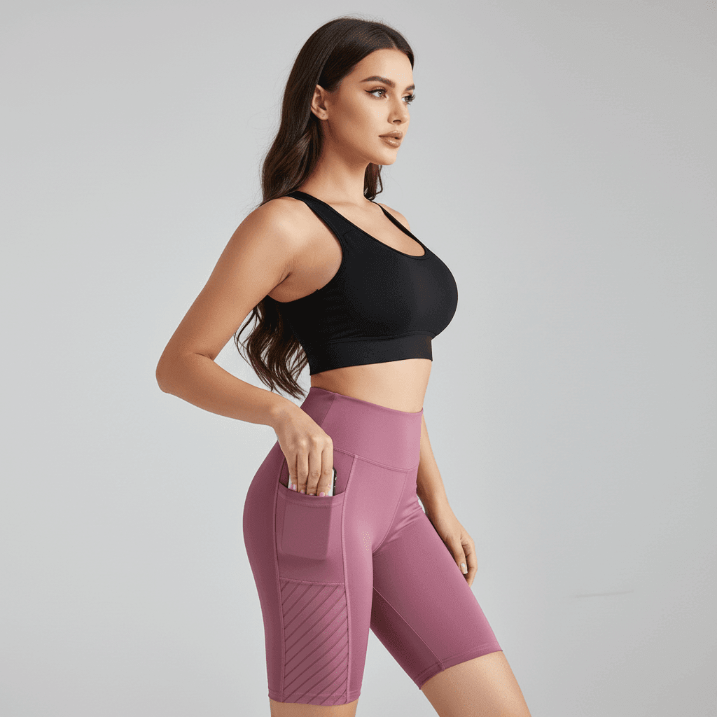 Short training femme rose fuchsia avec brassière assortie, pose élégante
