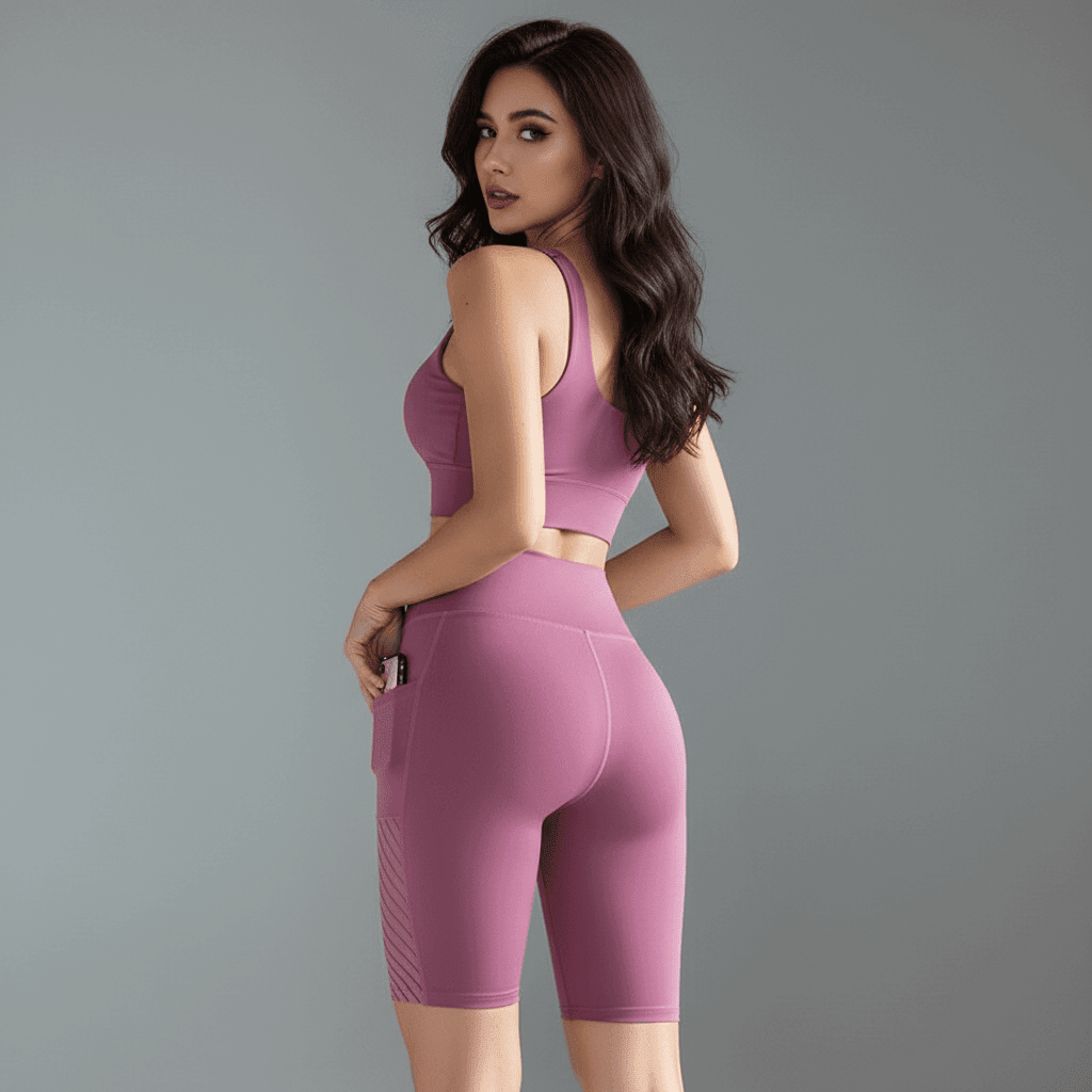 Short training femme rose fuchsia vue de dos, visage visible, brassière assortie
