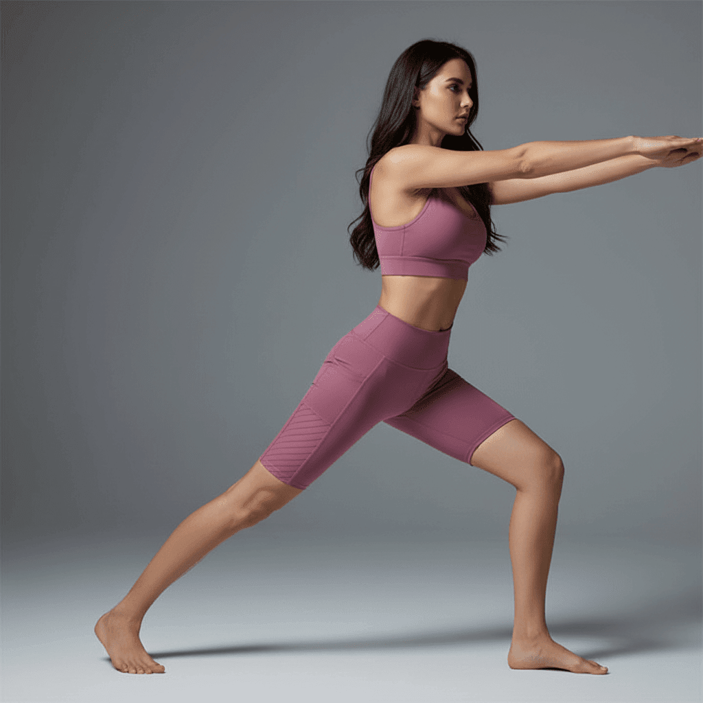Short training femme rose fuchsia yoga intense, brassière assortie, pose dynamique