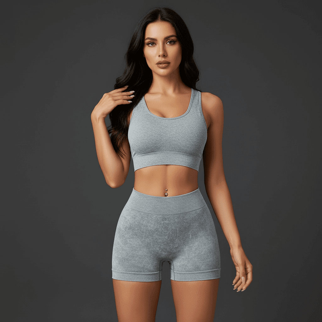 Short yoga gris clair pose élégante vue de face avec matière seamless