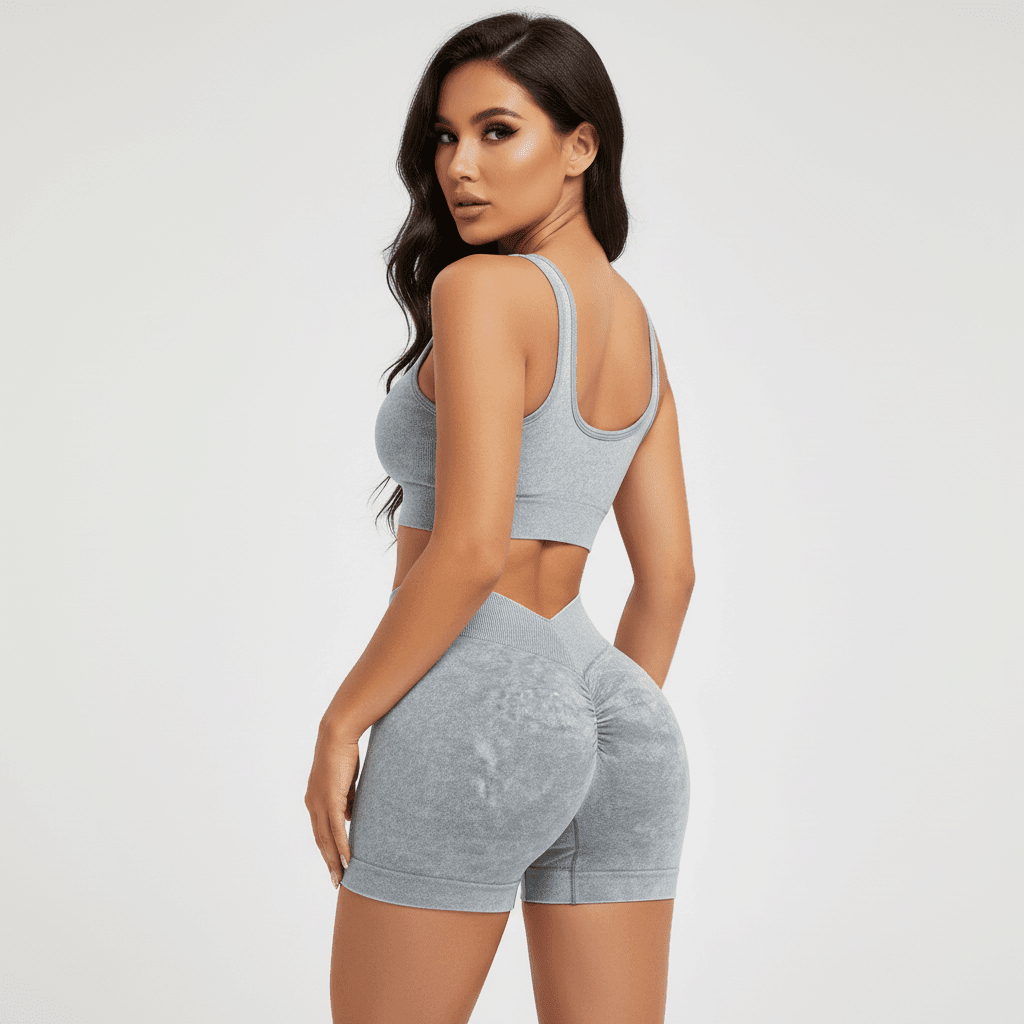 Short yoga gris clair vue de dos avec détail scrunch gainant et ceinture côtelée