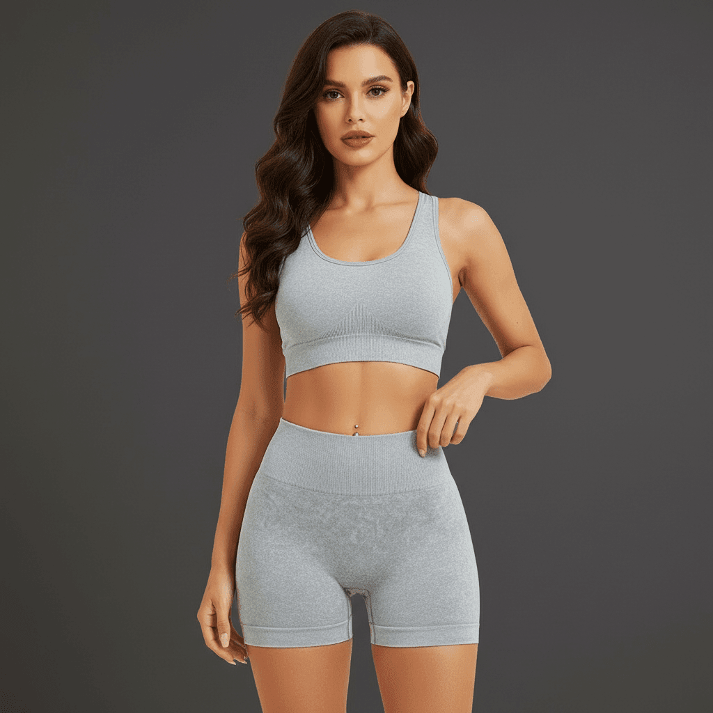 Short yoga gris clair vue de face taille haute avec ceinture ribbed seamless